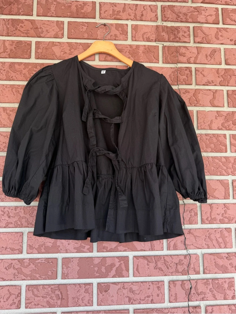 Black Tie-Front Peasant Blouse - Women